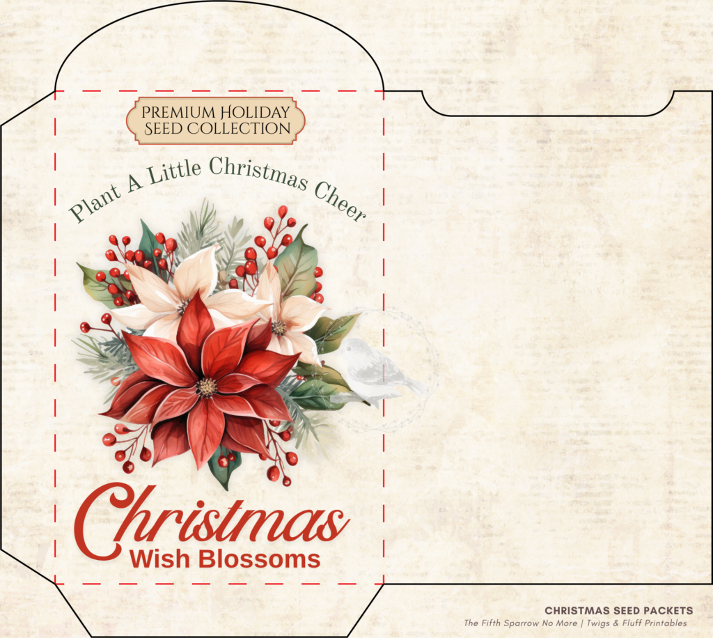 Vintage Christmas seed packet printable set featuring Candy Cane Mint, Christmas Wish Blossoms, North Pole Evergreen Seeds, Reindeer Meadow Clover, and Santa's Magic Snowflakes for holiday crafts and junk journals.