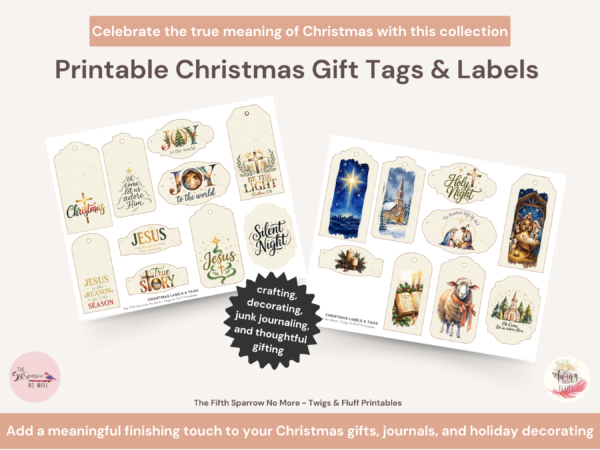 Religious Christmas printable gift tag set with nativity artwork, church illustrations, Christmas star, lamb, and holiday labels.