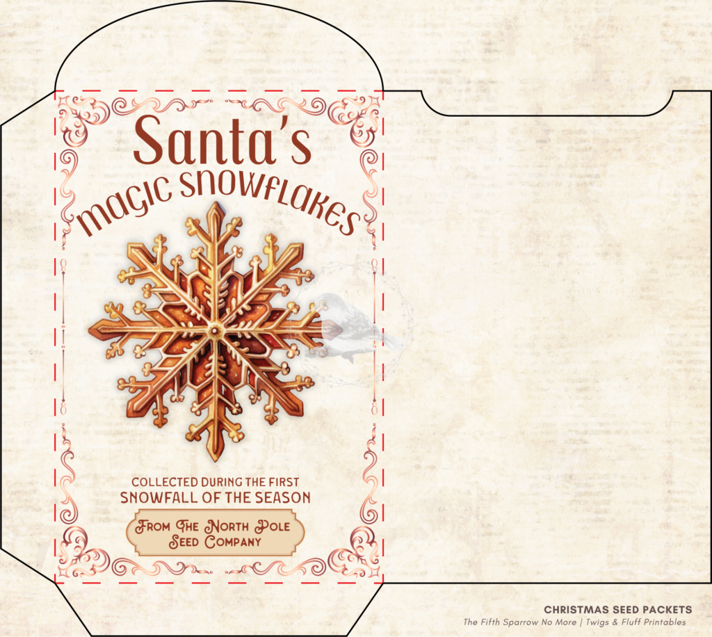 Vintage Christmas seed packet printable set featuring Candy Cane Mint, Christmas Wish Blossoms, North Pole Evergreen Seeds, Reindeer Meadow Clover, and Santa's Magic Snowflakes for holiday crafts and junk journals.