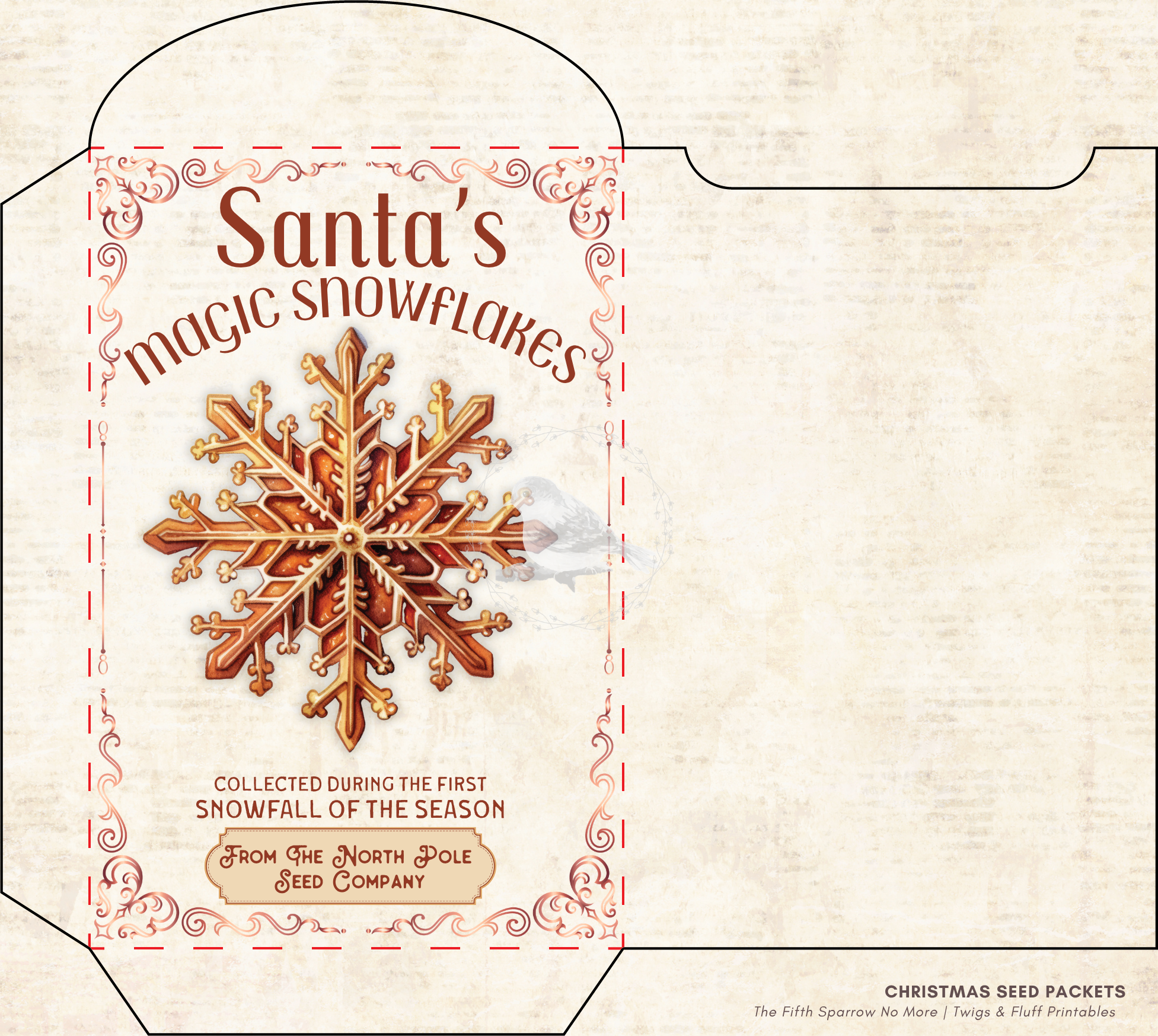 Vintage Christmas seed packet printable set featuring Candy Cane Mint, Christmas Wish Blossoms, North Pole Evergreen Seeds, Reindeer Meadow Clover, and Santa's Magic Snowflakes for holiday crafts and junk journals.