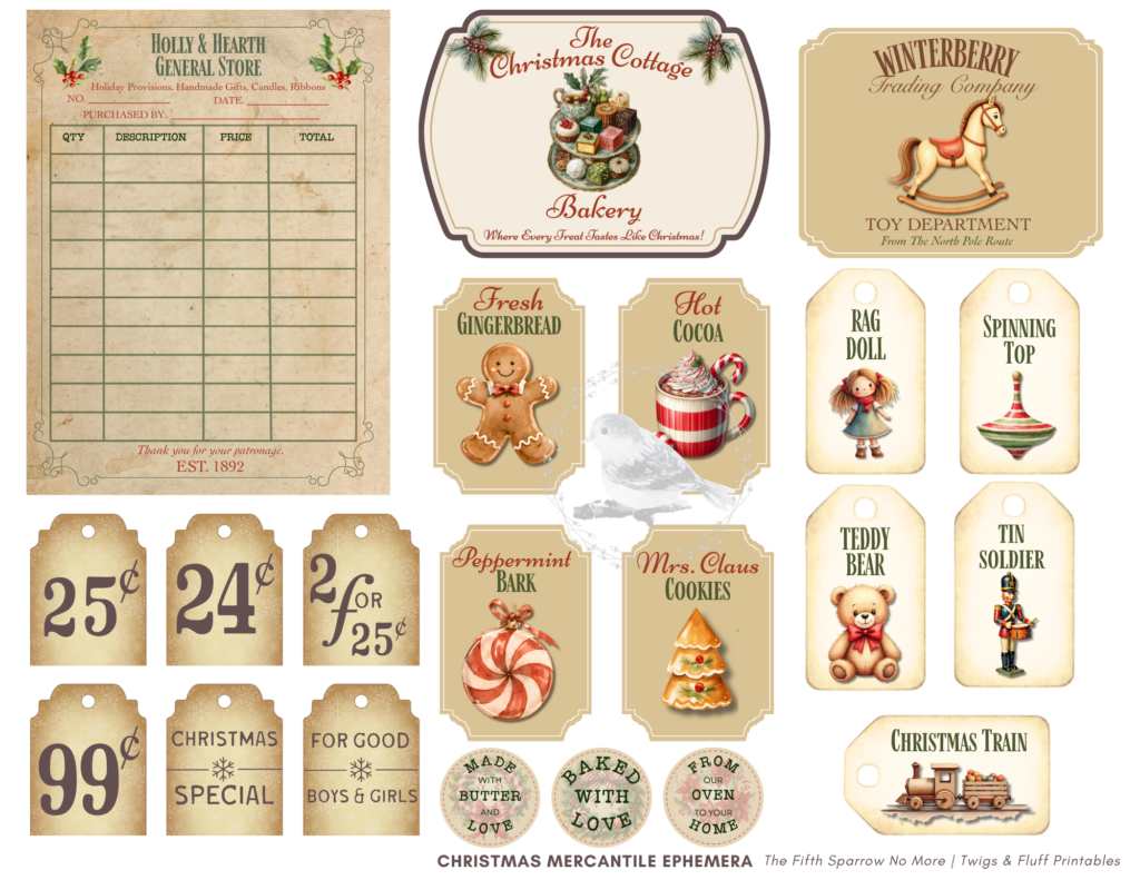 printable bundle featuring three charming mercantile signs and a coordinating Christmas ephemera sheet. Perfect for holiday decorating, junk journals, card making, gift wrapping, and seasonal crafts. Instant digital download.
